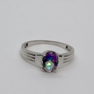 Vtg 925 Sterling Silver Rainbow Glass Art Deco Style Ring | Sz 7.6